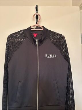 Guess Black Mesh-Sleeve Zip Front Jacket